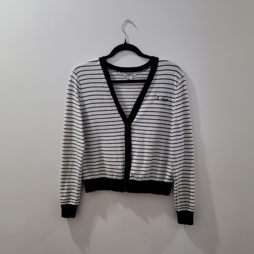 Forever 21 | Striped Black and White Cardigan | Embroidered "Los Angeles" Detail